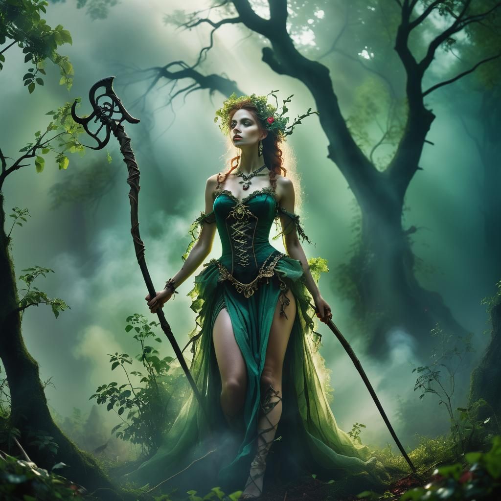 Baroque Nature Goddess with Scythe in Sunlight