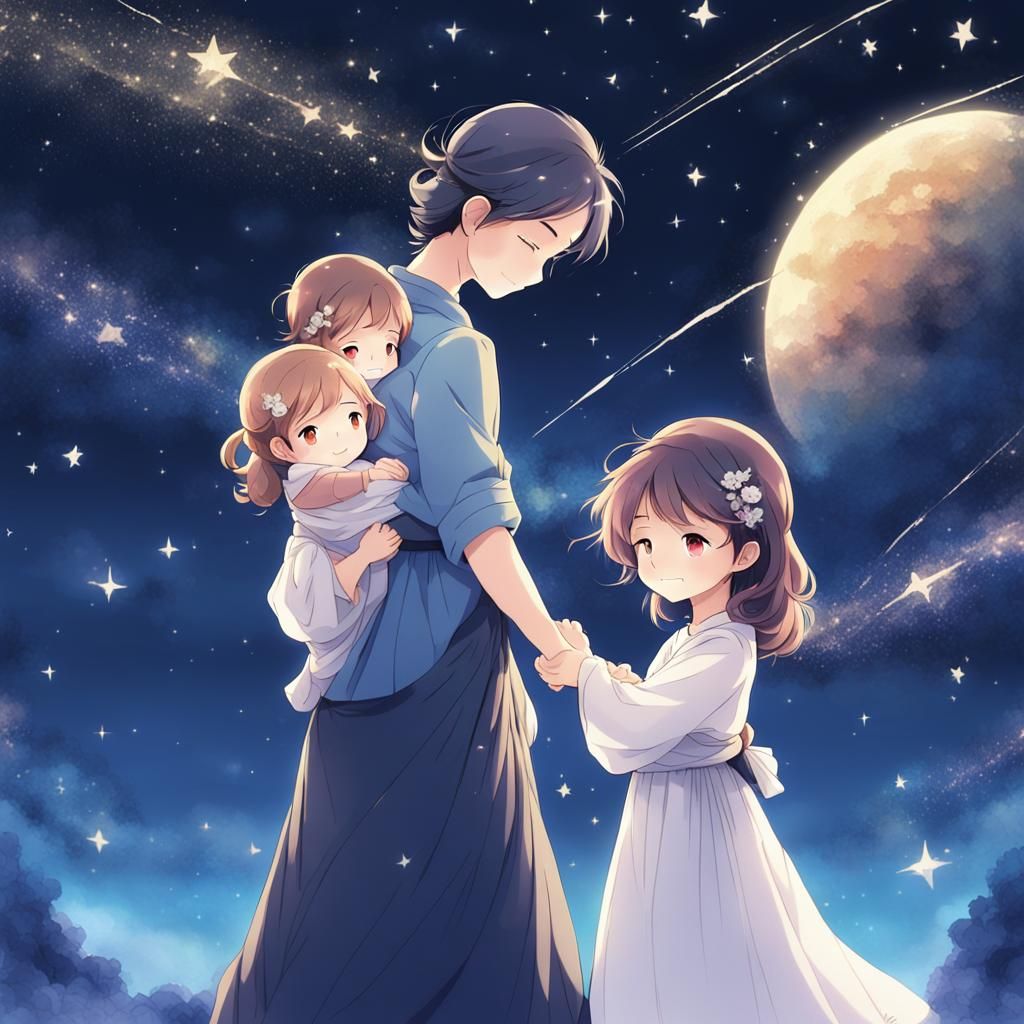 Family Stargazing in Anime Art Style