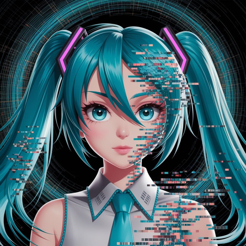 Glitchy Miku: Digital Art Portrait in Cyberpunk Style