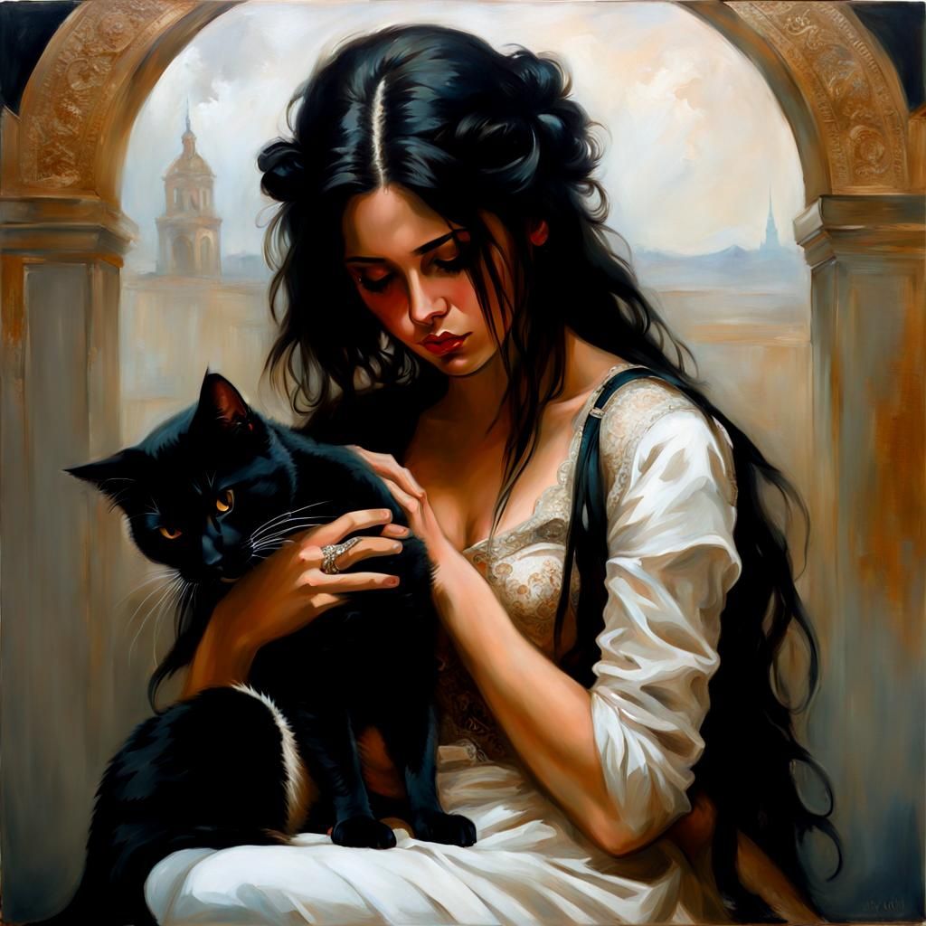 Melancholic Figure with Cat in Oil Painting Style