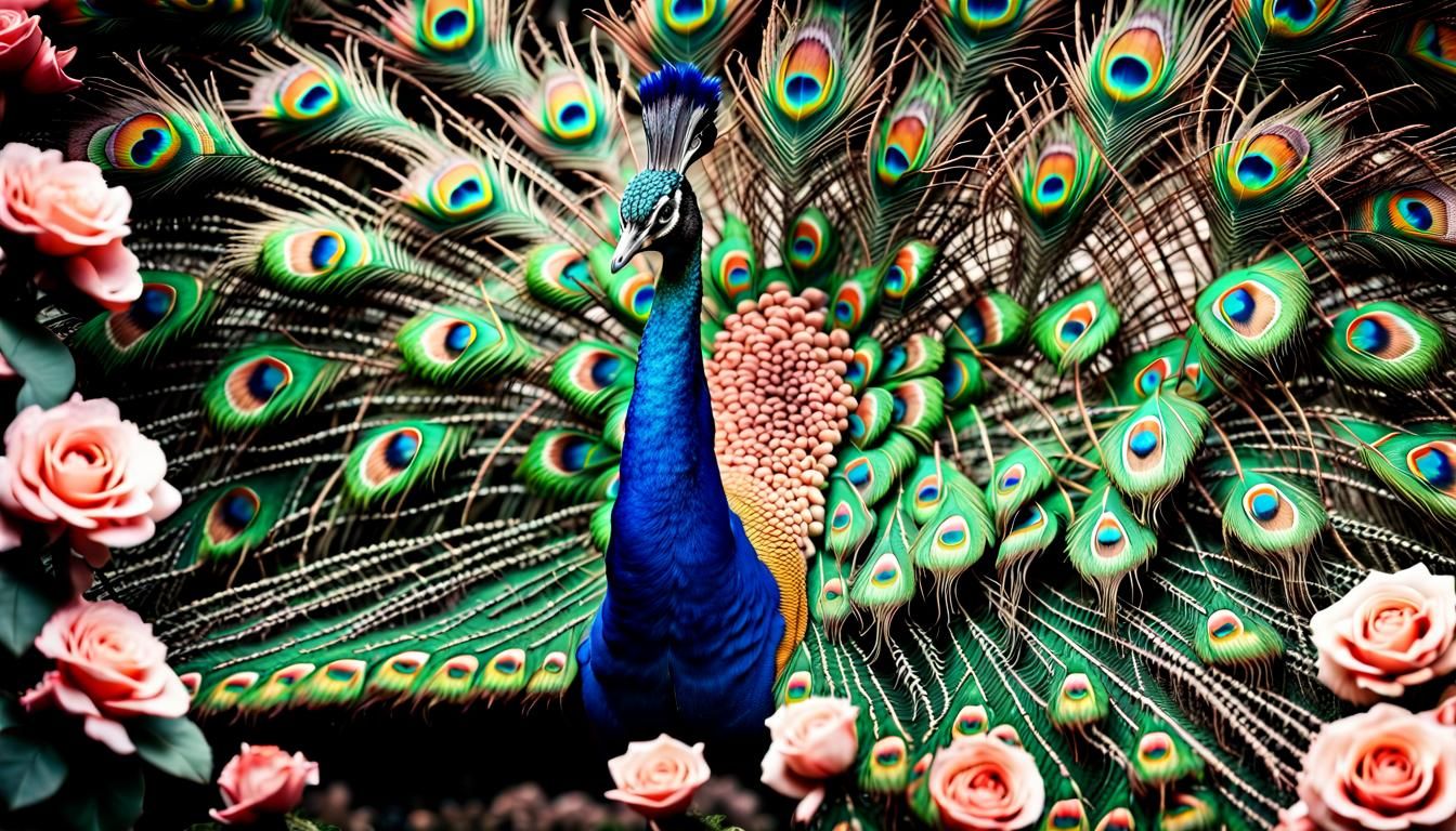 Majestic Peacock Displaying Tail Feathers in Rose Garden