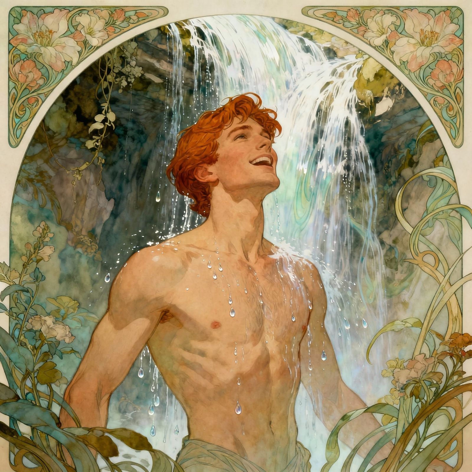 Jimmy Olsen Showers Under Waterfall in Art Nouveau Style