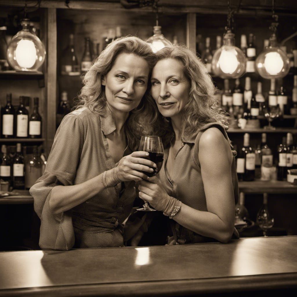 Sepia Selfie of Two Women in Wine Bar, Vignette