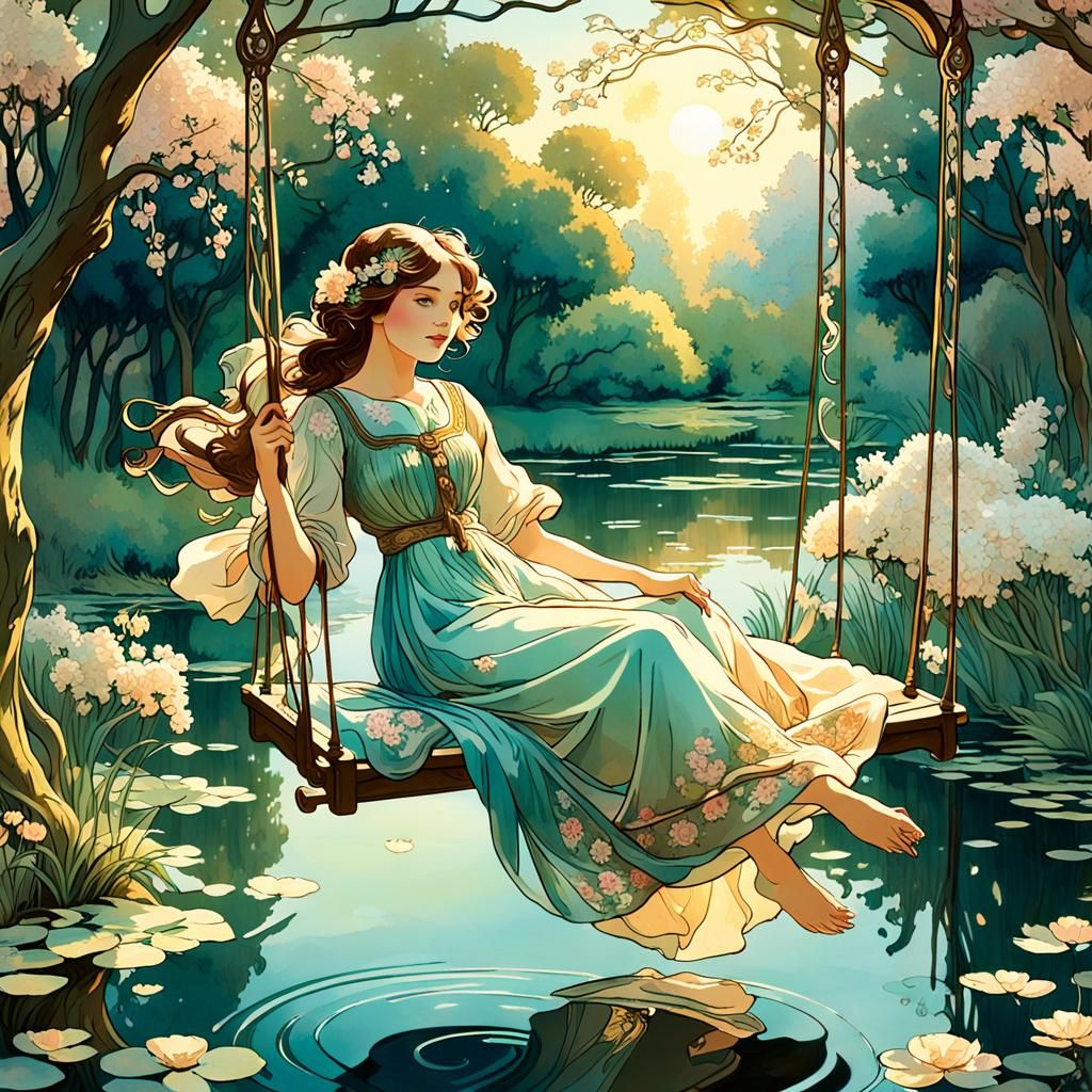 Ethereal Woman on a Swing in Art Nouveau Style