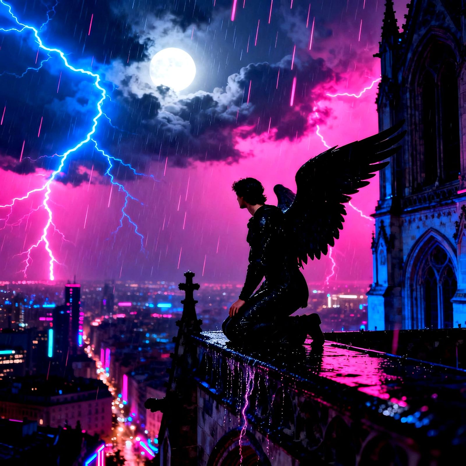 Archangel Over Neon City During Thunderstorm
