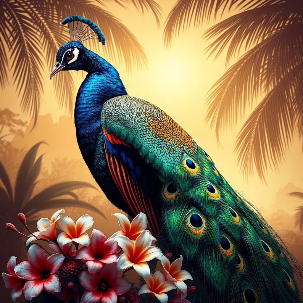 Vibrant Peacock Drawing with Sepia Tropical Background