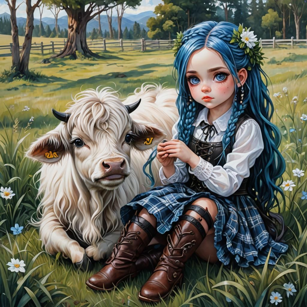 Chibi Girl with Highland Calf Oil Painting
