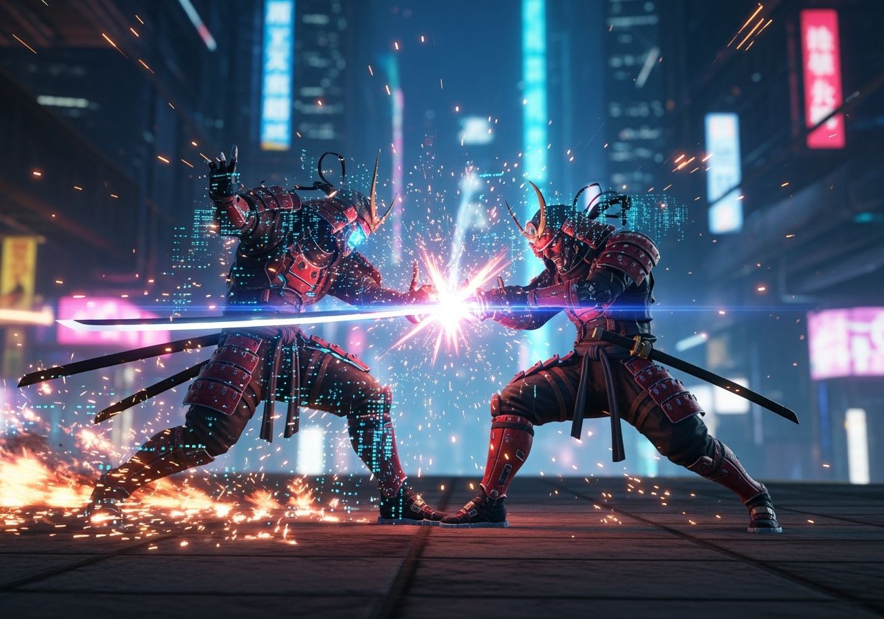 Cyberpunk Samurai Warriors Clash in Anime Fighting Art