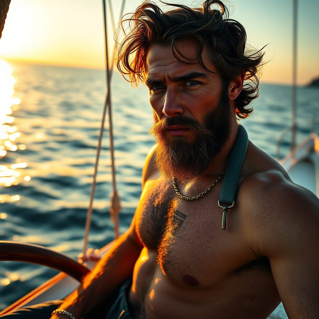 Sailor in Sunset with Shimmering Water