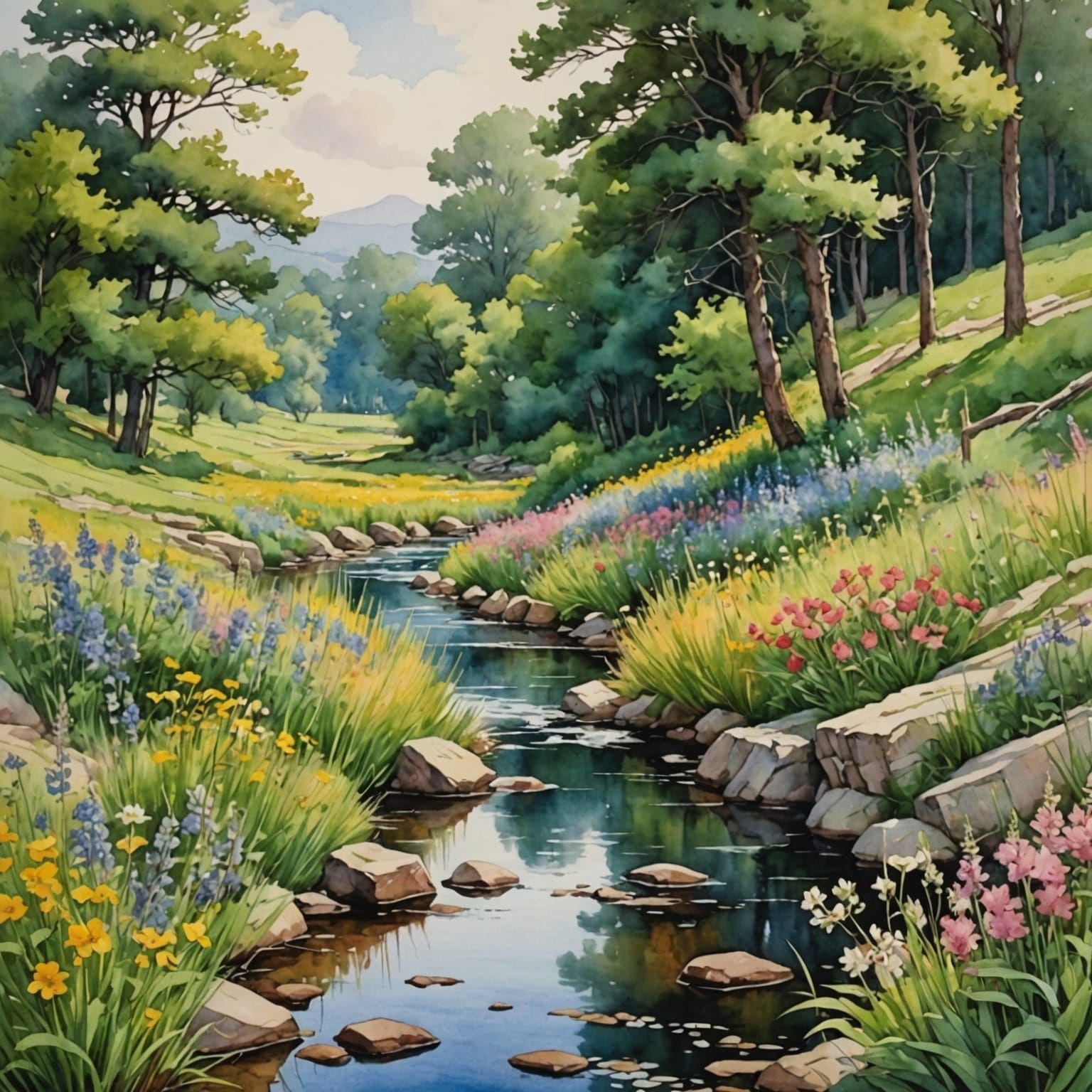 Watercolor Countryside Stream in Anime Style