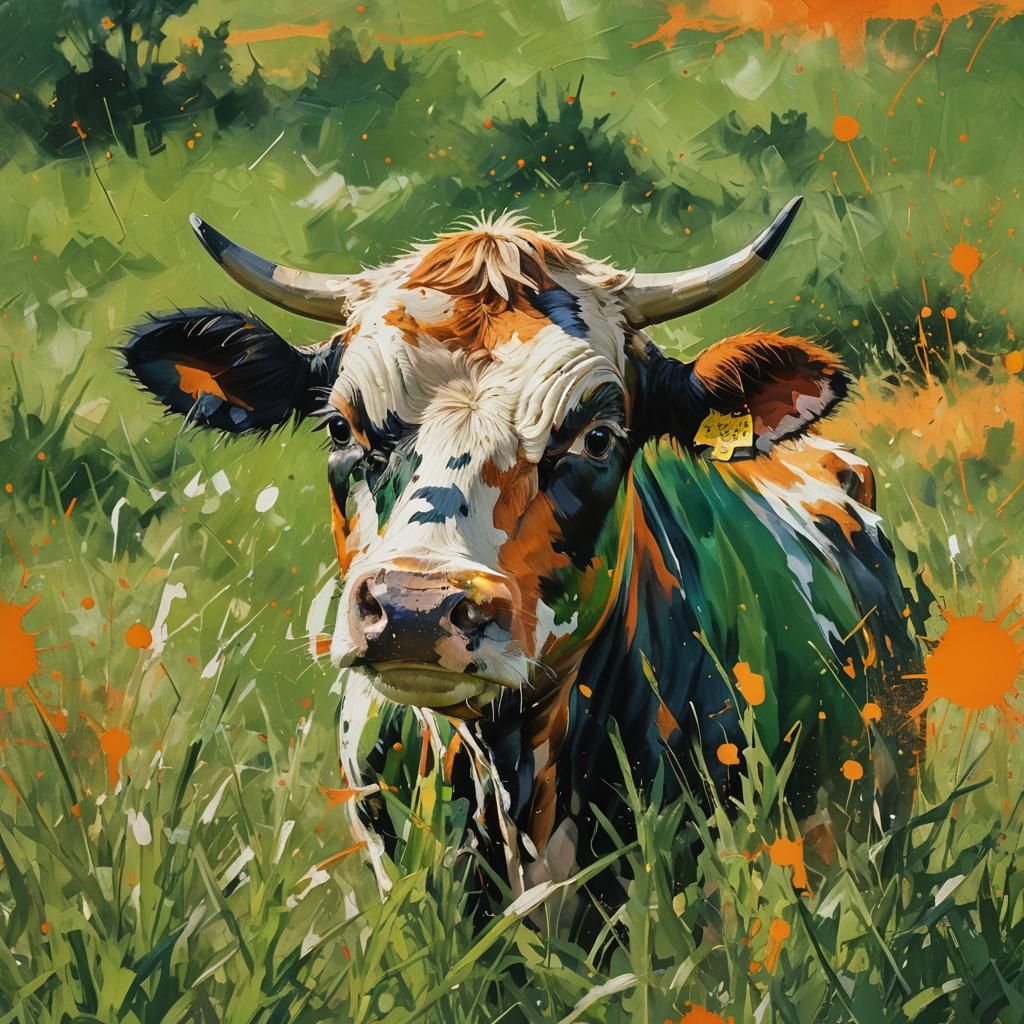 Abstract Expressionist Cow in Field with Bold Colors