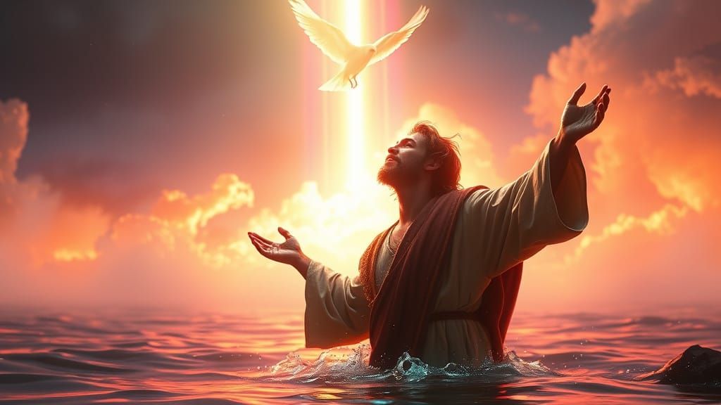 Jesus Ascends from Radiant Waters in Neon-Lit Glory