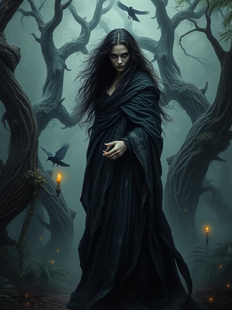 Dark Witch in Primeval Jungle, in a Surreal Style