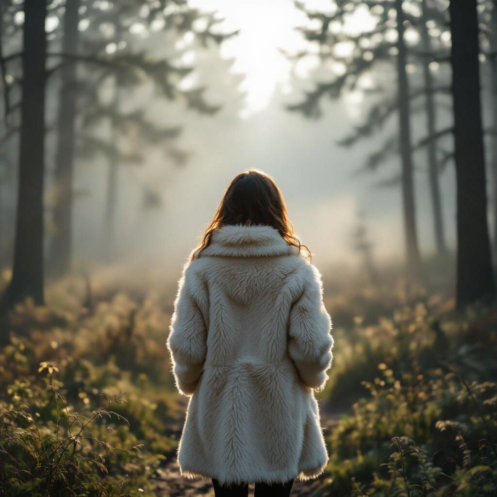 Person in Sheepskin Coat in Misty Forest Clearing