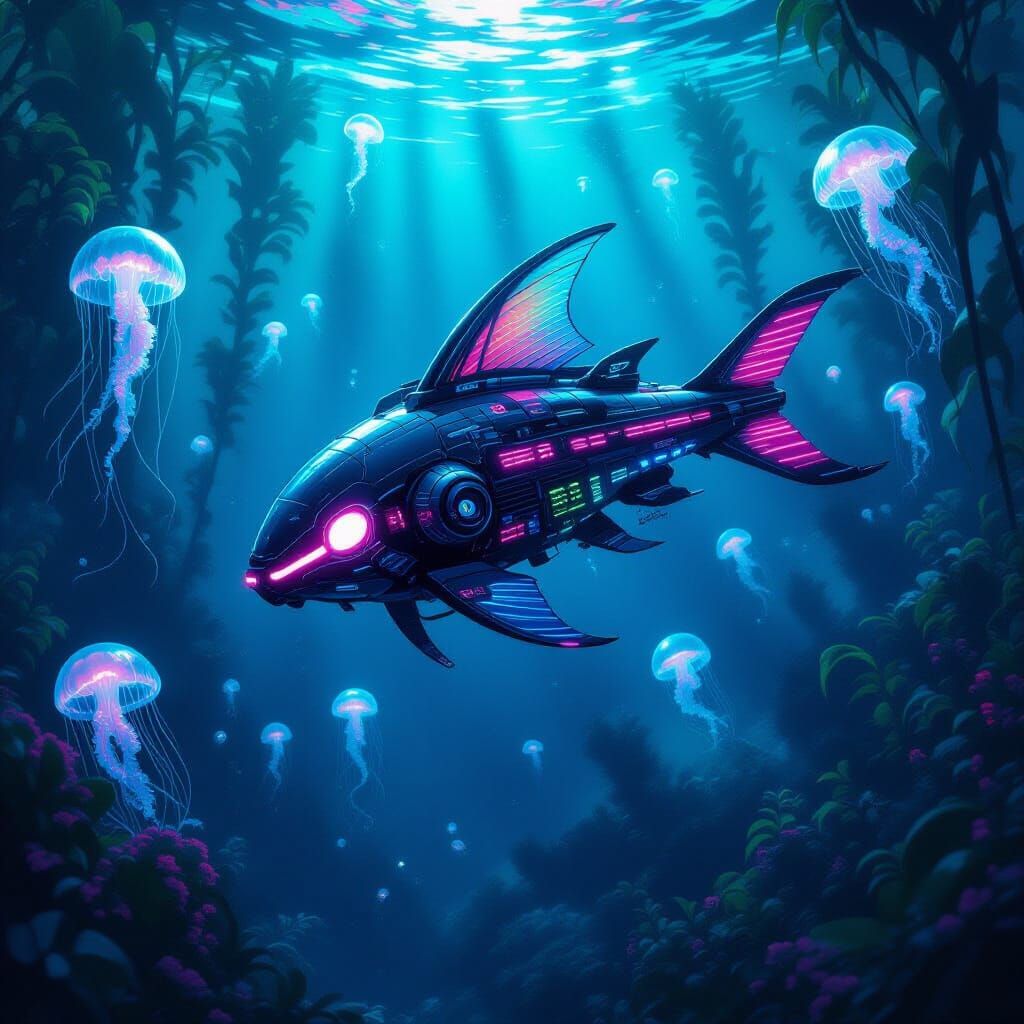 Cyberpunk Ray in Bioluminescent Deep-Sea Kelp Forest
