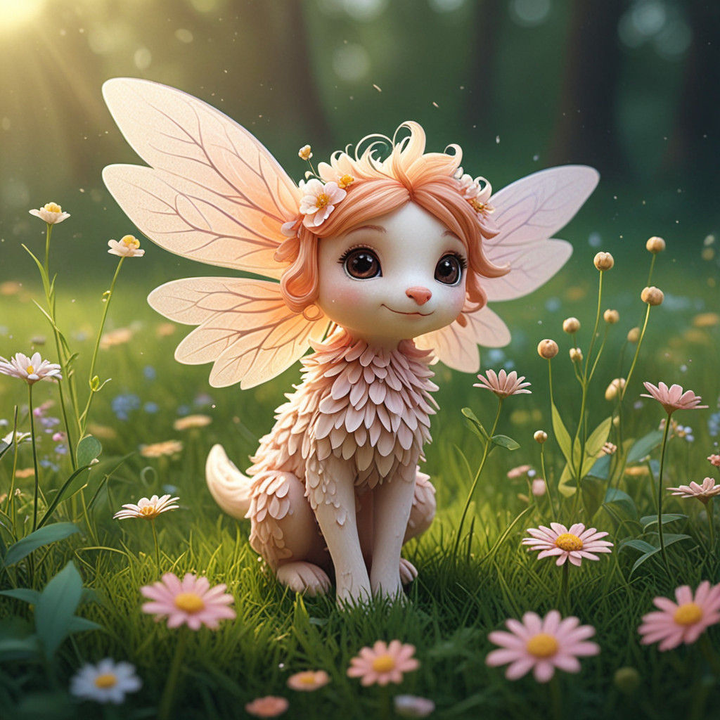 Enchanting Whimsical Flower Creature in a Lush Fantasy Meado...