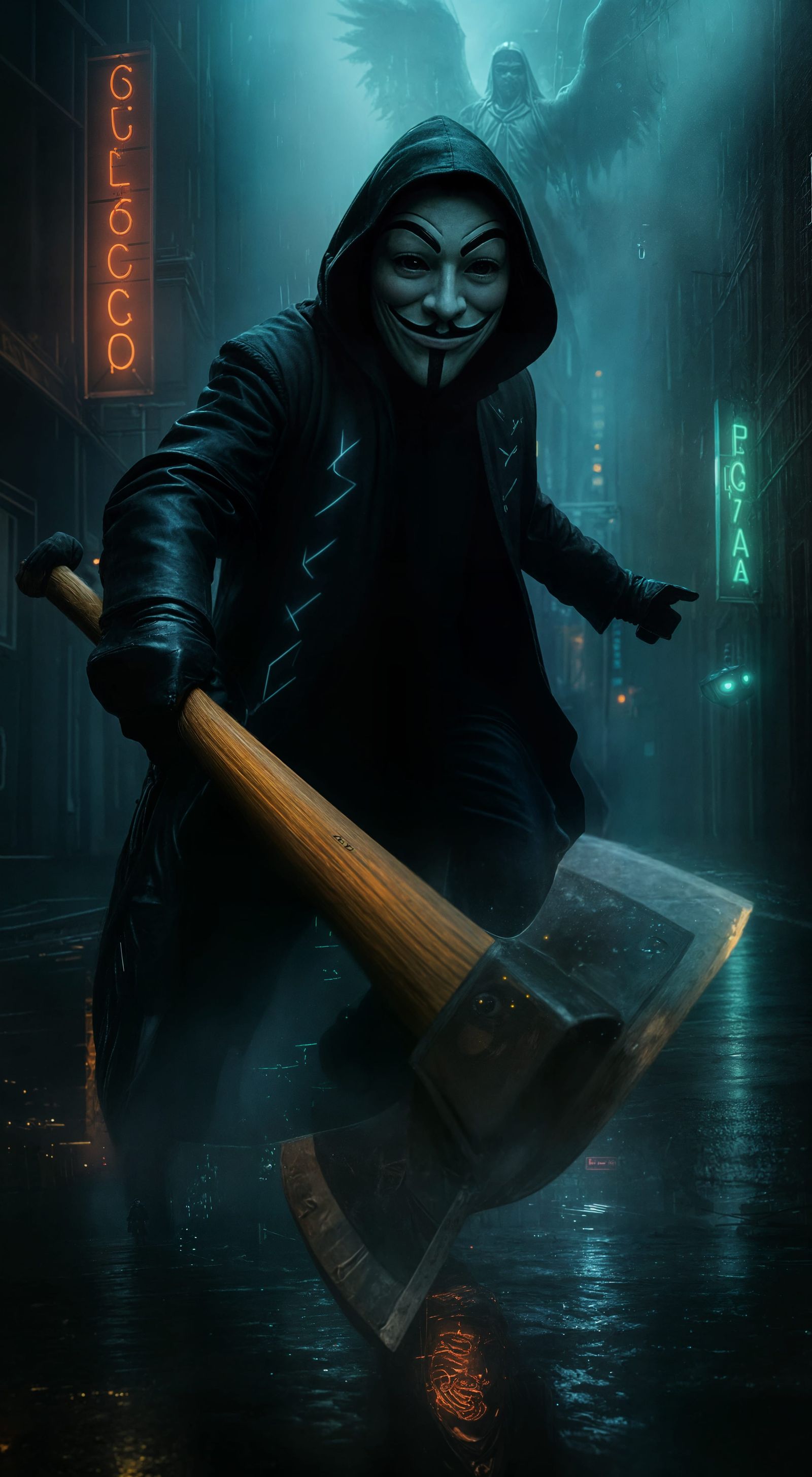 Cyberpunk Alleyway with Guy Fawkes Mask and Angelic Figure