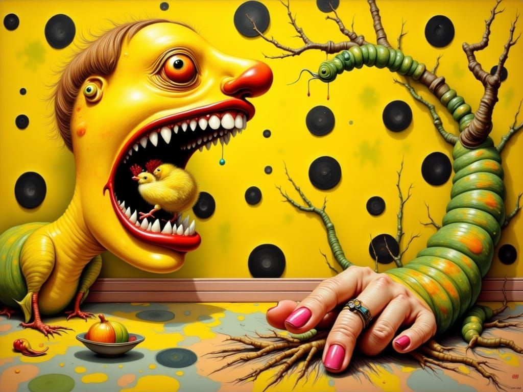 Surreal Chicken Birth in Polka Dot Room as Digital Art