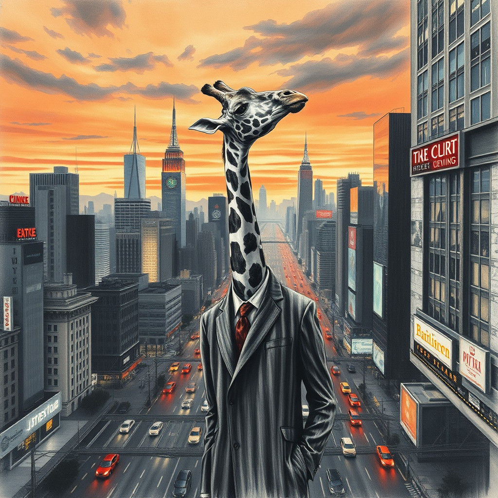 Giraffe in Cityscape: Hyperdetailed Charcoal Drawing