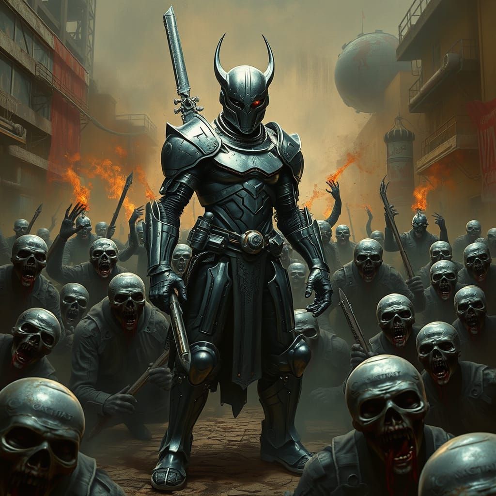 Cylon Warrior Fighting Zombies in Post-Apocalyptic Landscape