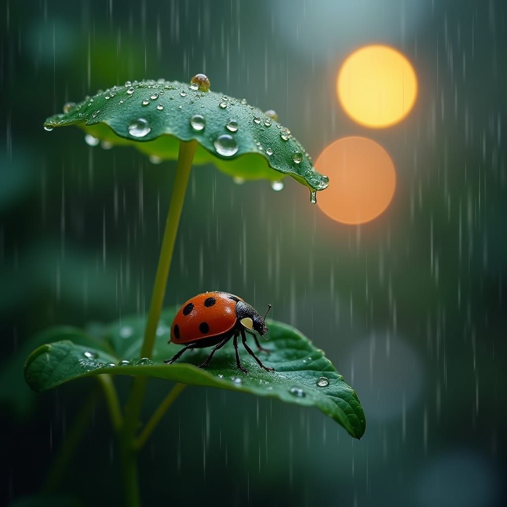 Ladybug in Serene Rainy Night Scene