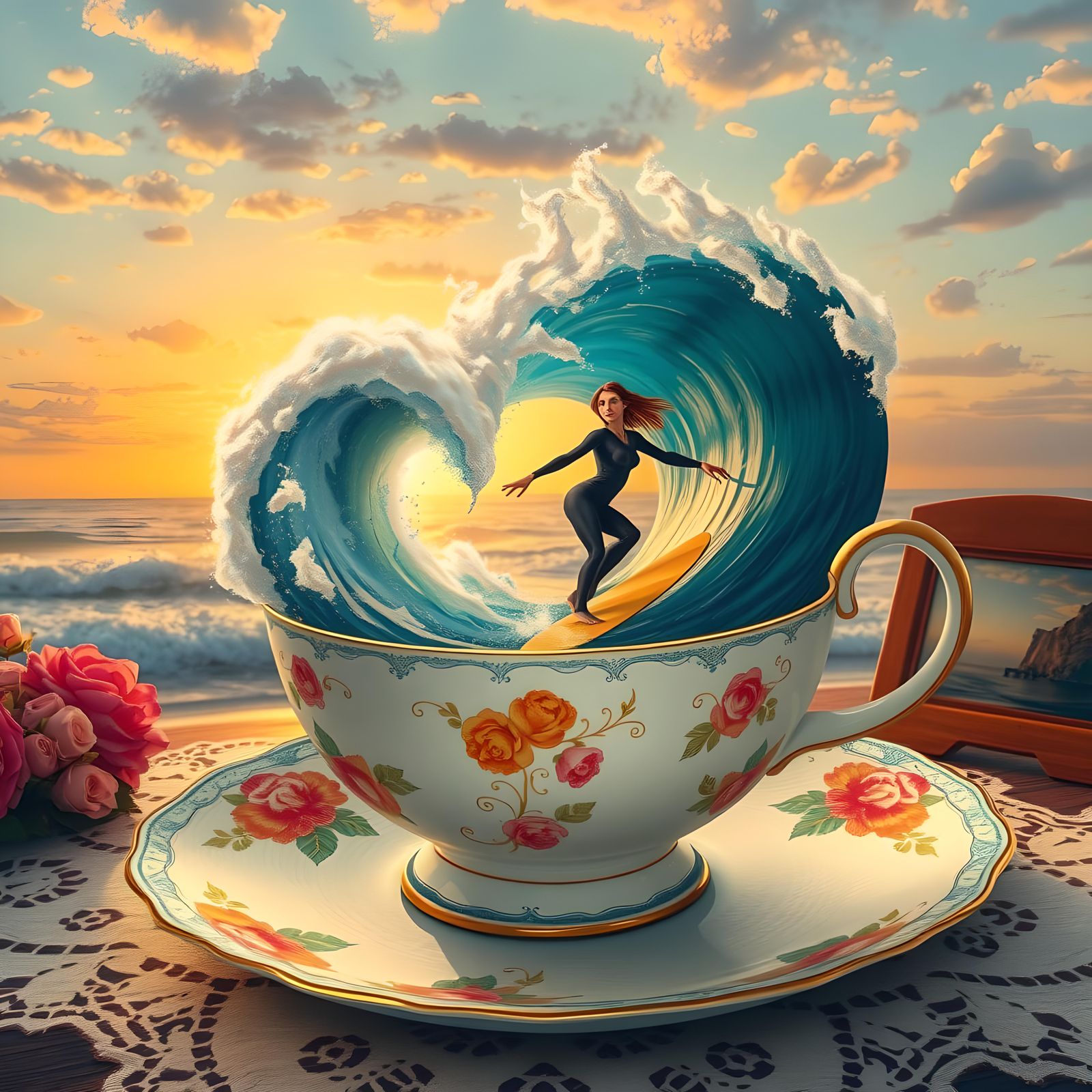 Surreal Surfer Girl Rides Wave Inside Teacup