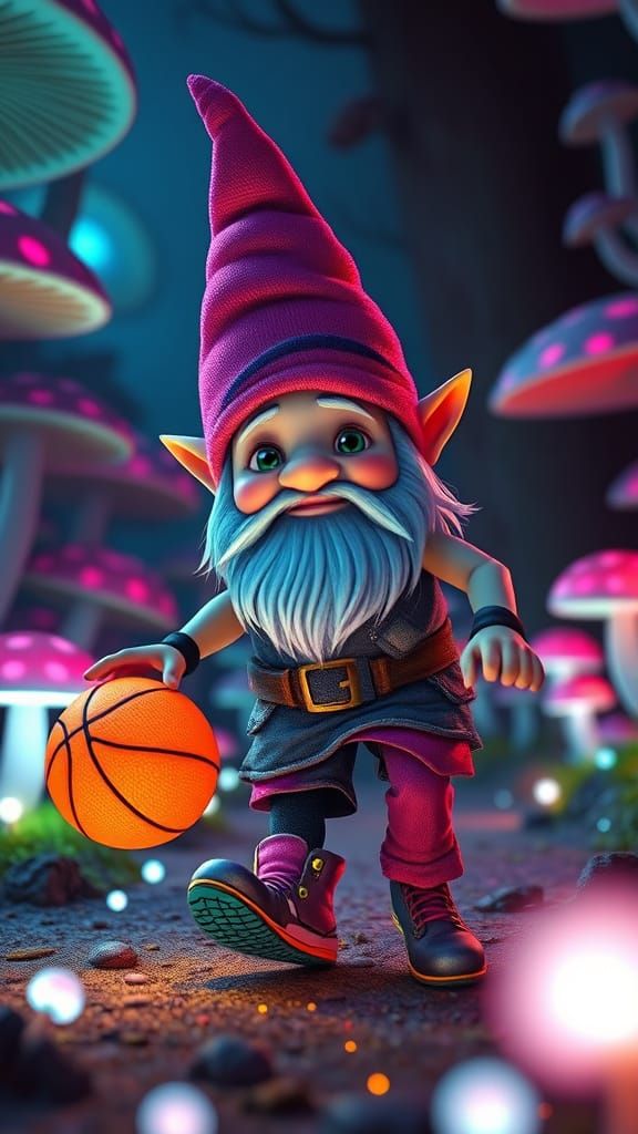 Gnome Basketball Player in Bioluminescent Forest
