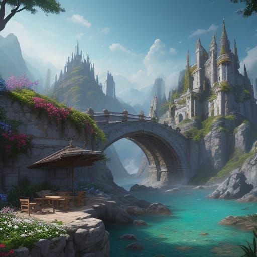 Surreal Wooden Patio with Vibrant Flowers and Maceteros in a...