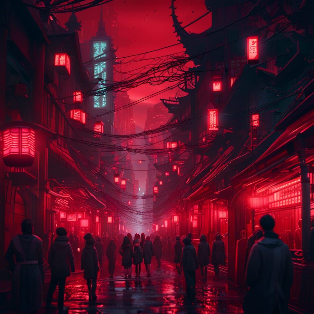 Futuristic Red Light District in Asian Street