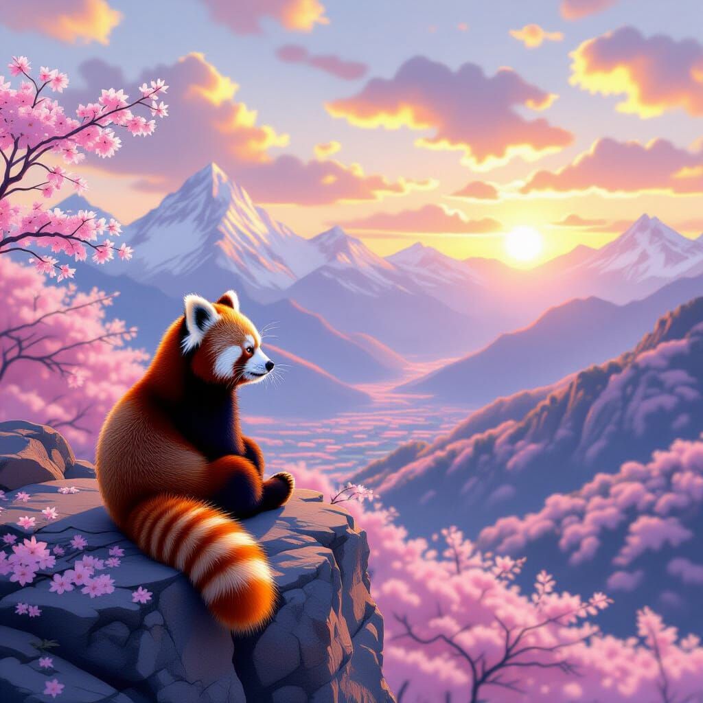 Red Panda on Mountain Cliff at Sunset, Blossom Valley