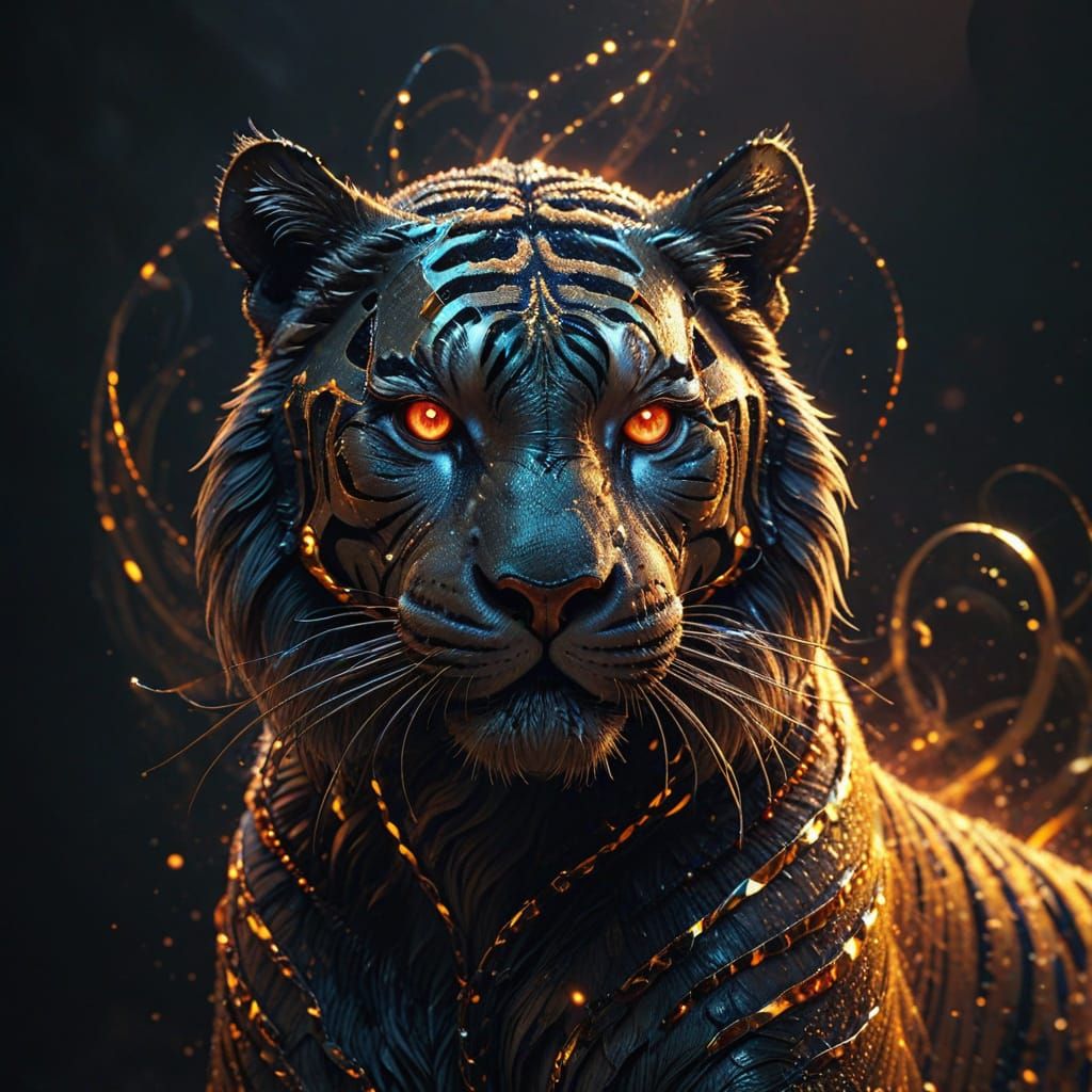 Abstract Tiger Silhouette with Glowing Molecular Chains