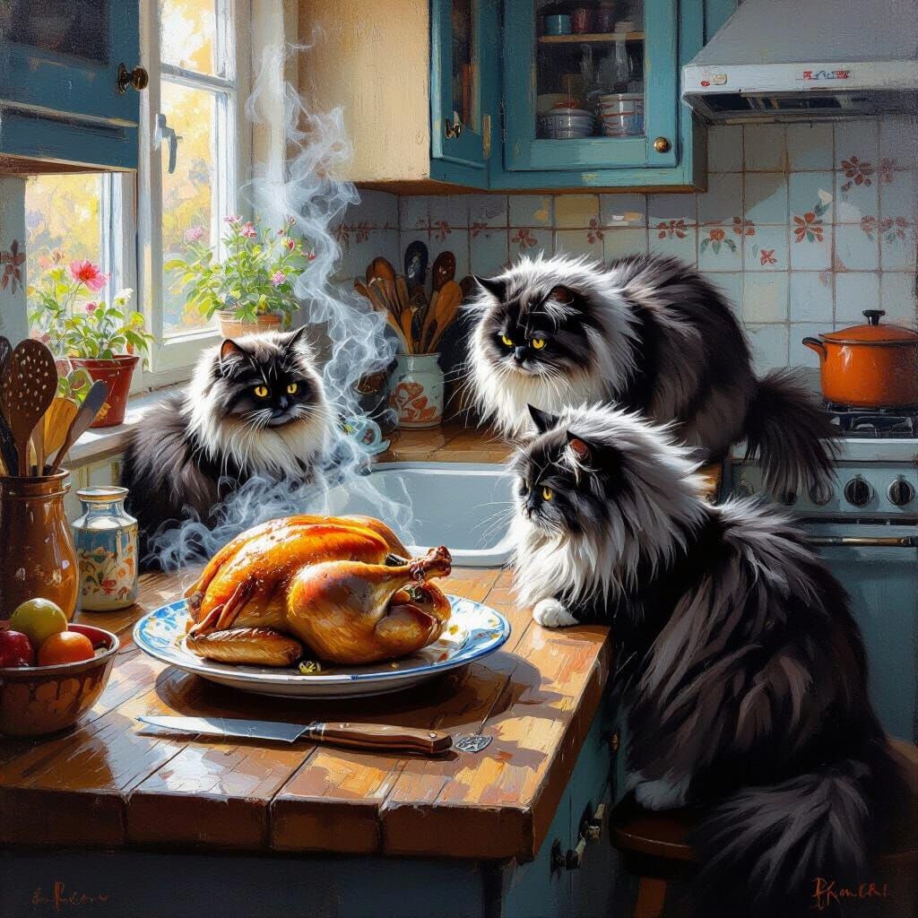 Cozy Kitchen Cats Eye Chicken as Oil Painting