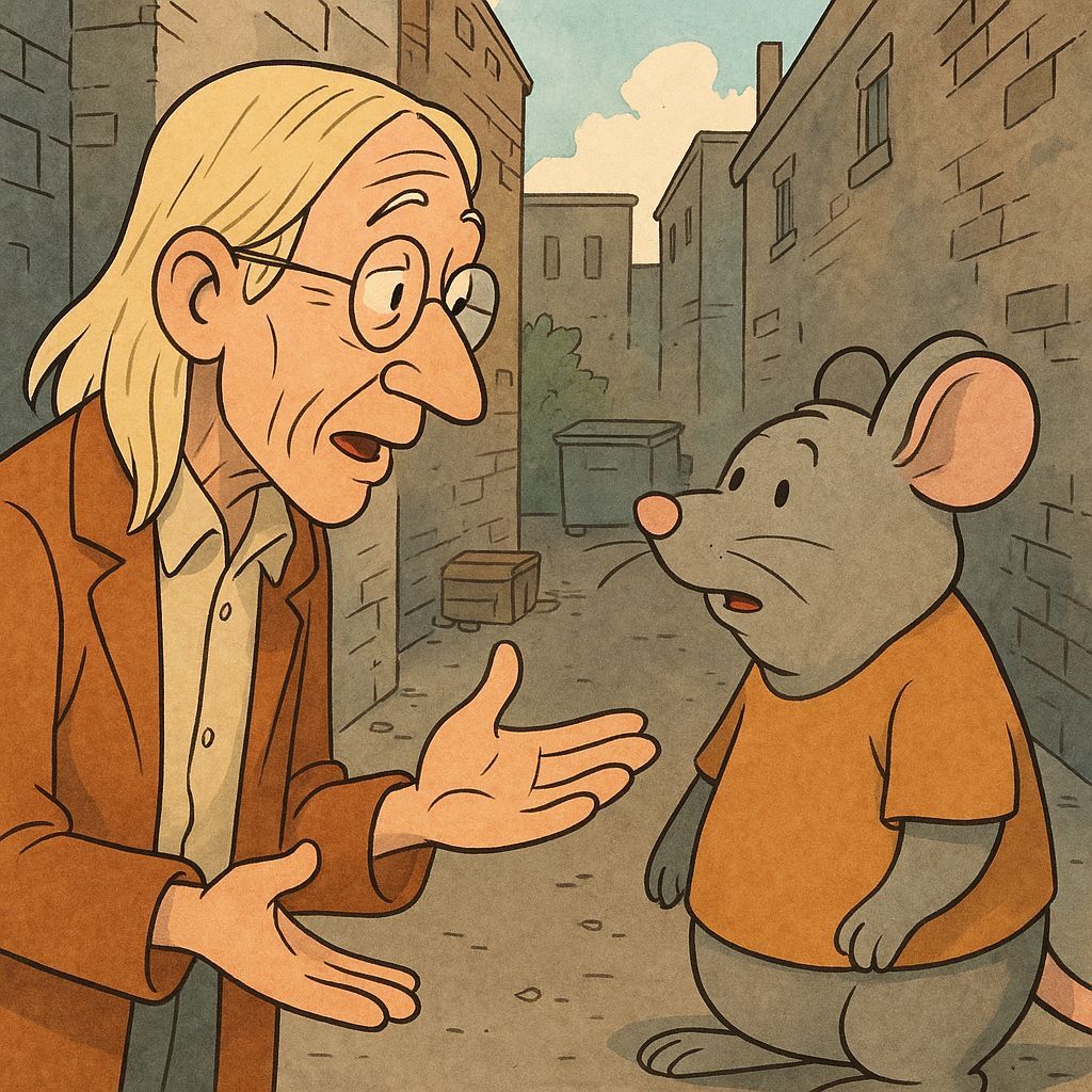 Man and Mouse Chatting in Alleyway, Cartoon Style