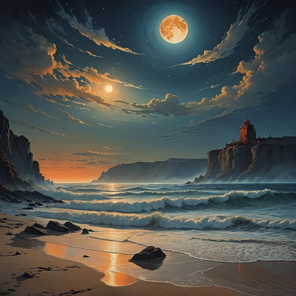 Virgo New Moon Over September Beach, Surreal Art