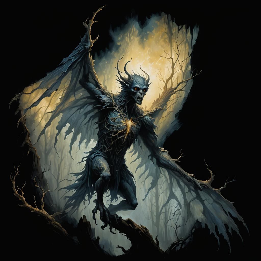 Winged Cryptid Soaring Through Misty Forest