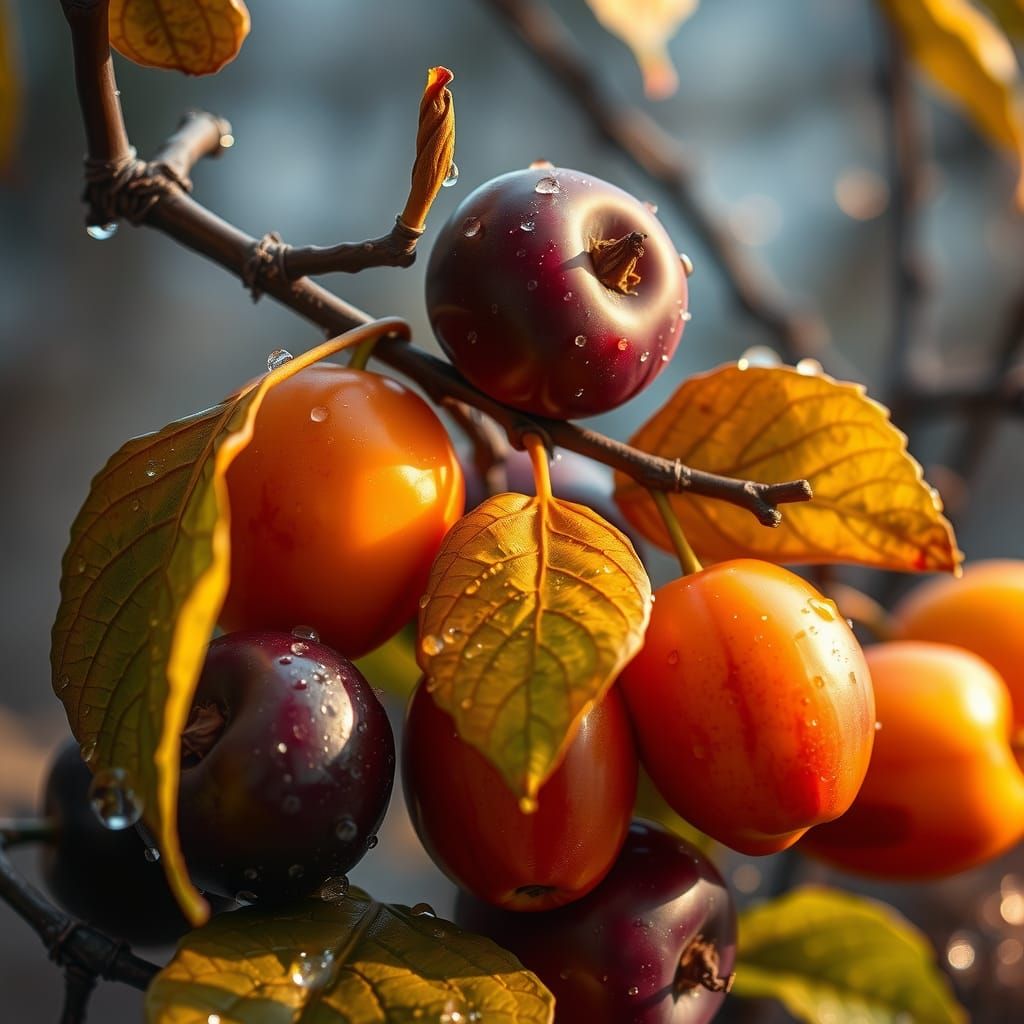 Glistening Autumn Fruits in Hyperrealistic Style
