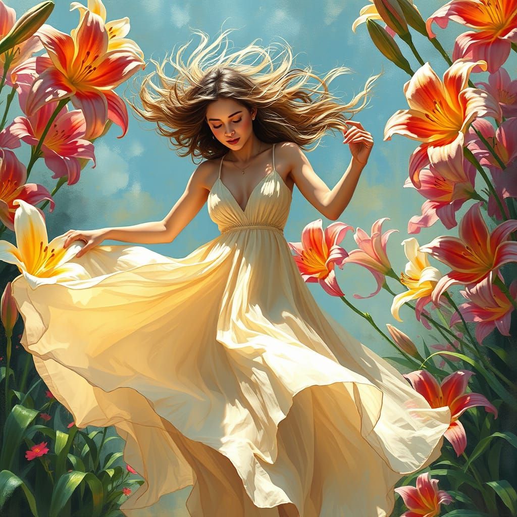 Woman Dancing Among Lilies in Hyperrealistic Style