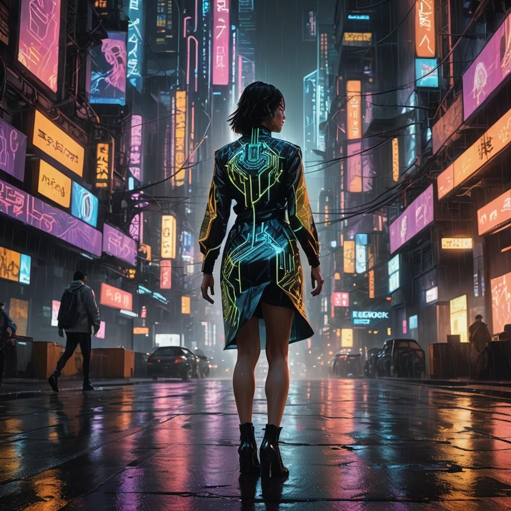 Cyberpunk Woman in Neon Dress Walking City Street