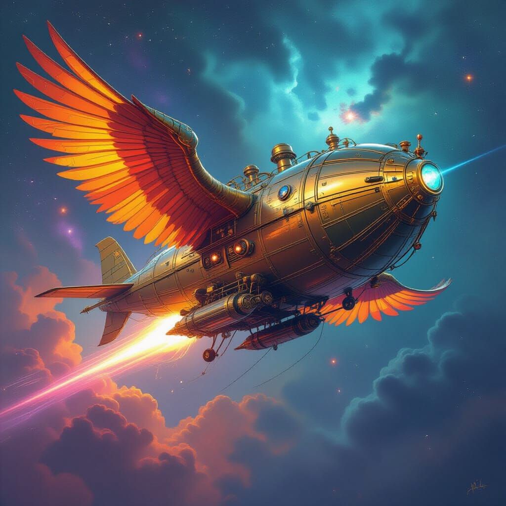 Steampunk Phoenix Airship Soaring Through Nebula