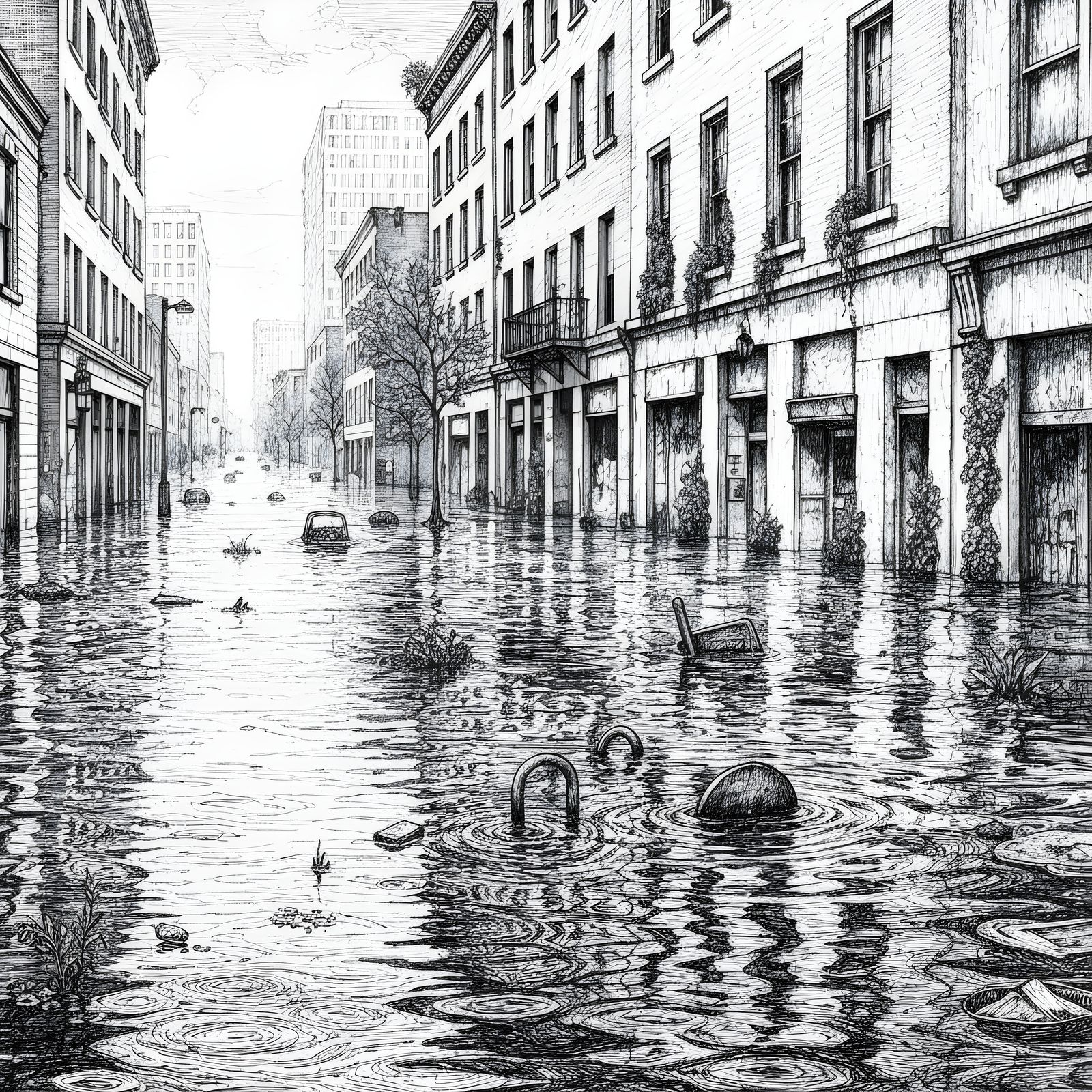 Flooded City Landscape Drawing in Michael Workman Style