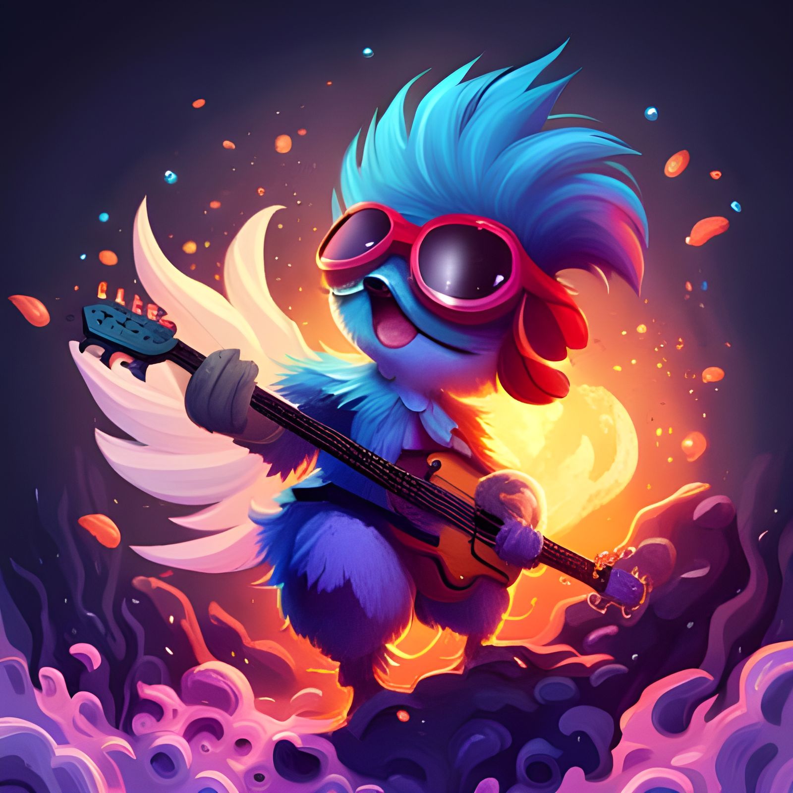Chibi Rooster Rocks Out with Electric Guitar