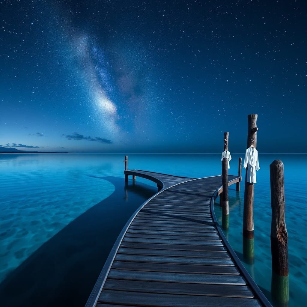 Ethereal Wooden Dock at Night, Glowing with Soft Light