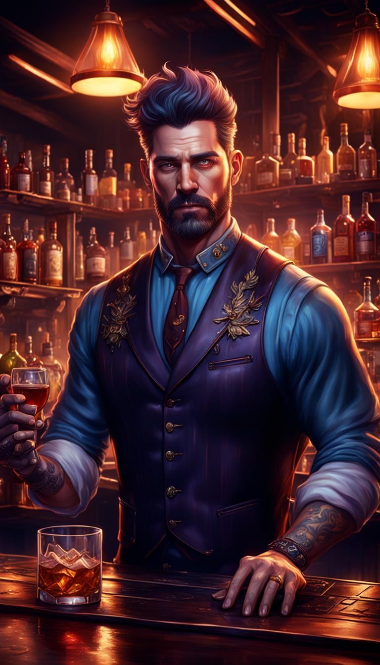 Handsome Bartender in Detailed Matte Painting