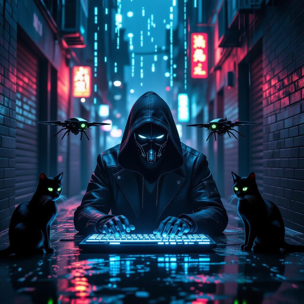 Cyberpunk Hacker Spy in Neon Alley