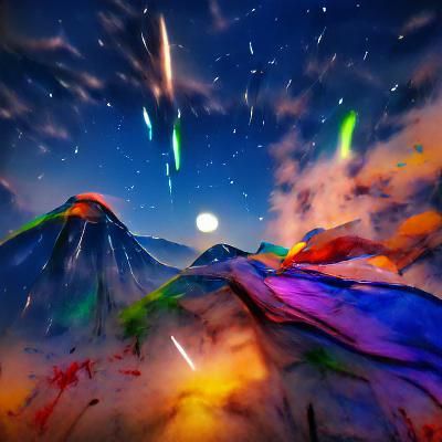 Colorful Meteor Shower Over Mountain at Night