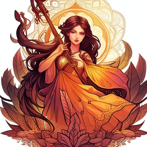 Luminous Saraswati Digital Painting with Golden Outlines