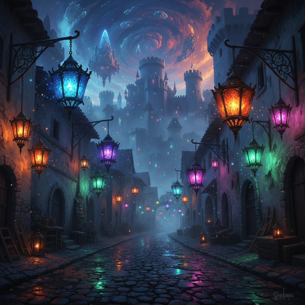 Magical Lanterns Light Castle Street in Fantasy Art