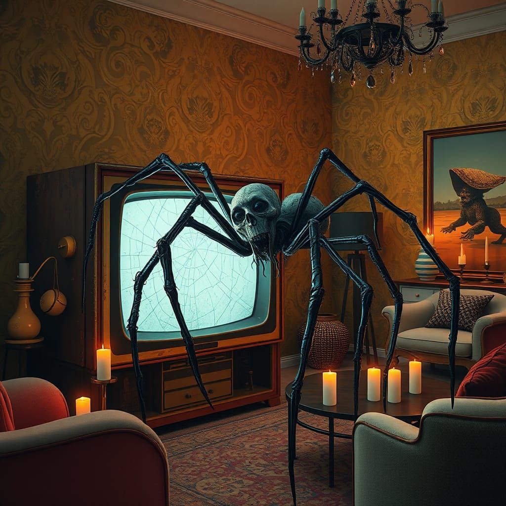 Humanoid Spider Emerges from Vintage TV in Manga Style
