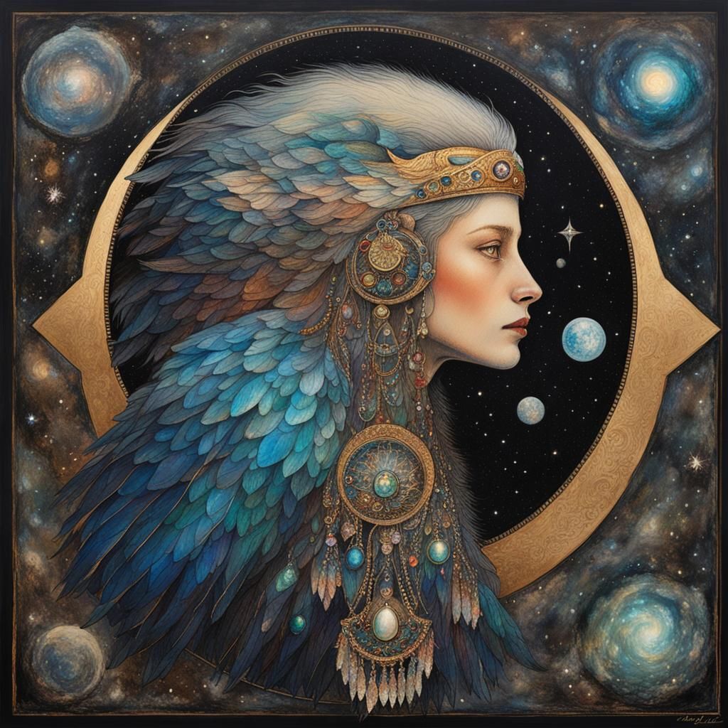 Starlight Eagle Woman in Bejeweled Galactic Oasis