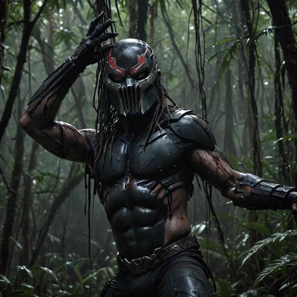 Masked Hunter in Jungle With Severed Arm: Cinematic Still